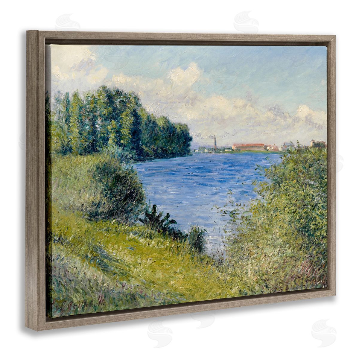 Lettered and Lined Clear Blue Water Seaside Rural Grassland Trees Brown Floating Frame Canvas Wall Art Print