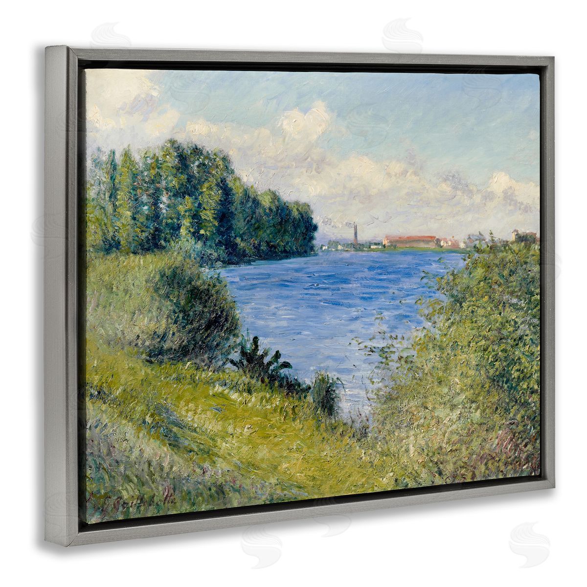 Lettered and Lined Clear Blue Water Seaside Rural Grassland Trees Gray Floating Frame Canvas Wall Art Print