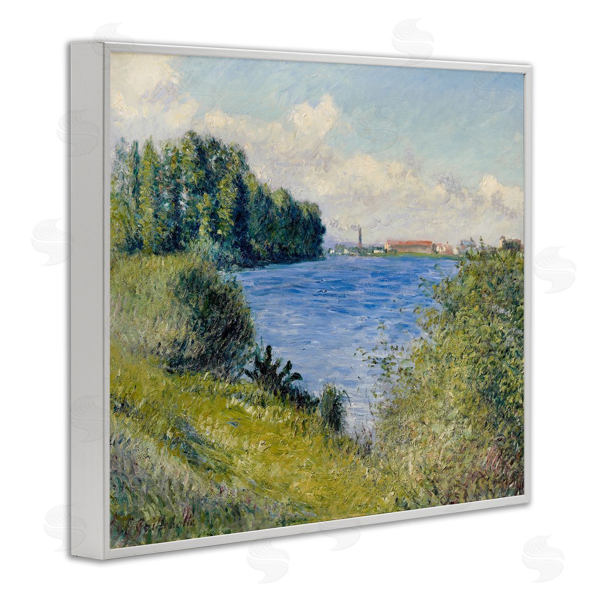 Lettered and Lined Clear Blue Water Seaside Rural Grassland Trees White Framed Giclee Wall Art Print