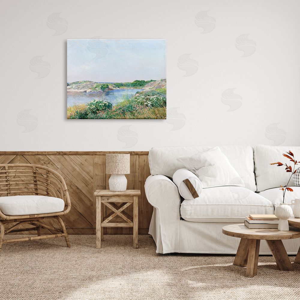 Lettered and Lined Rocky Shore Flower Bushes Ocean Inlet Scene  Canvas Wall Art Print in Room