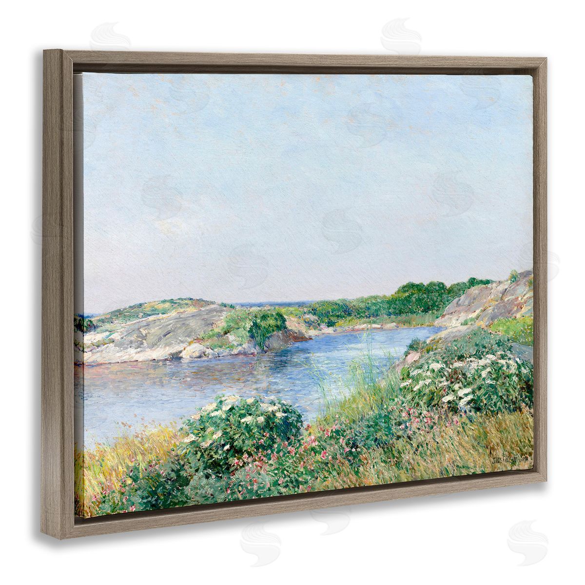 Lettered and Lined Rocky Shore Flower Bushes Ocean Inlet Scene  Brown Floating Frame Canvas Wall Art Print