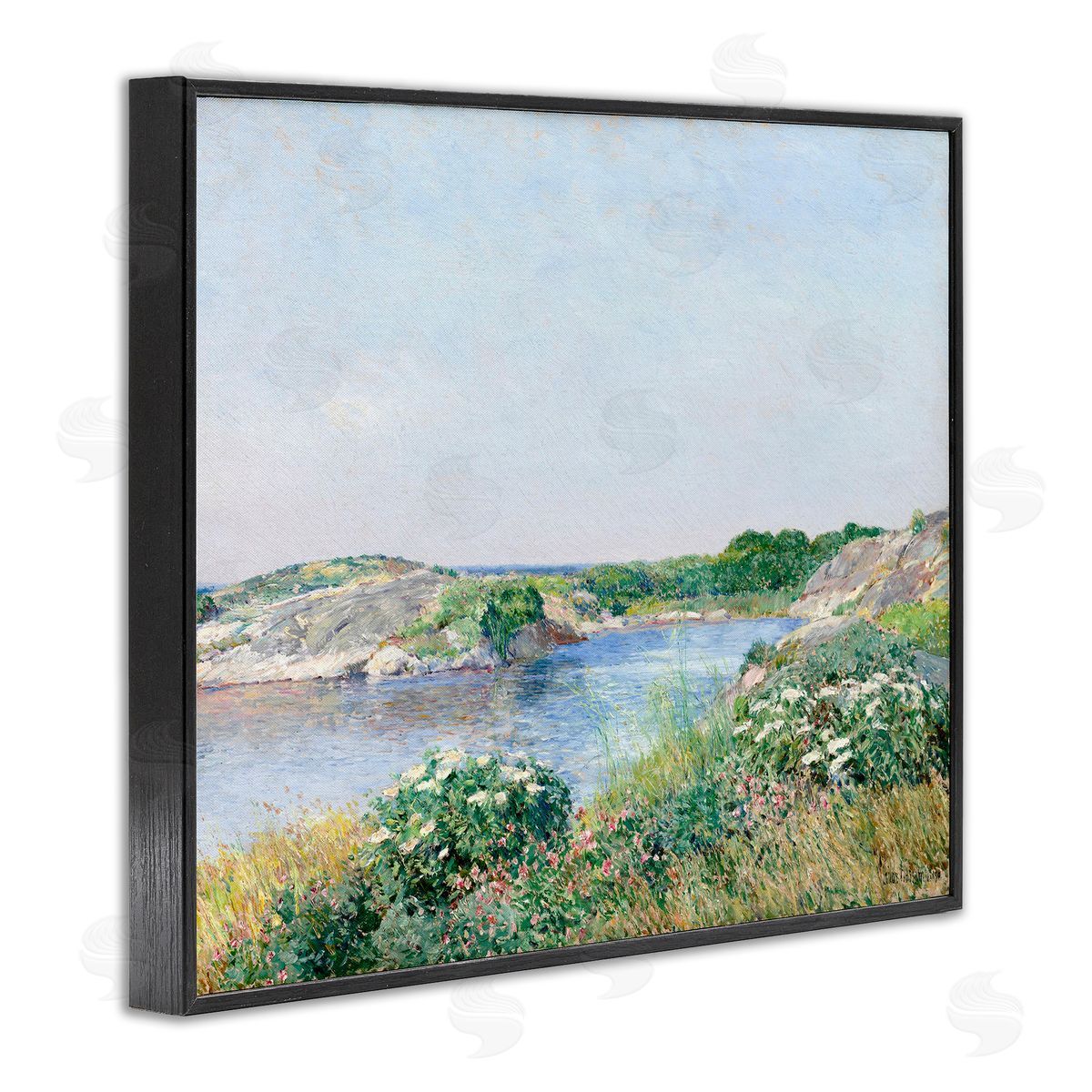 Lettered and Lined Rocky Shore Flower Bushes Ocean Inlet Scene  Black Framed Giclee Wall Art Print