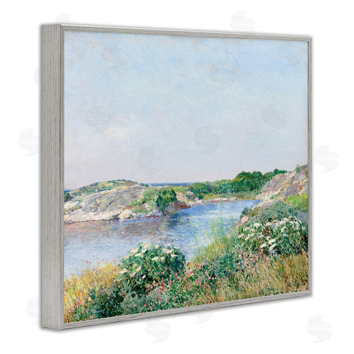 Lettered and Lined Rocky Shore Flower Bushes Ocean Inlet Scene  Gray Framed Giclee Wall Art Print