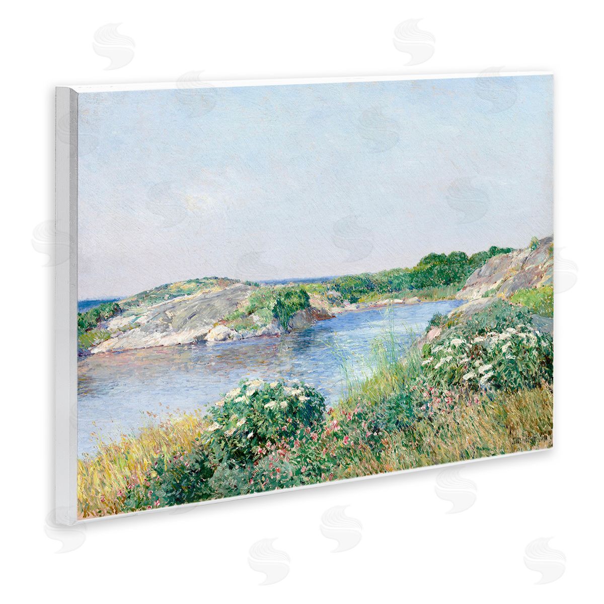 Lettered and Lined Rocky Shore Flower Bushes Ocean Inlet Scene  Wall Plaque Art Print