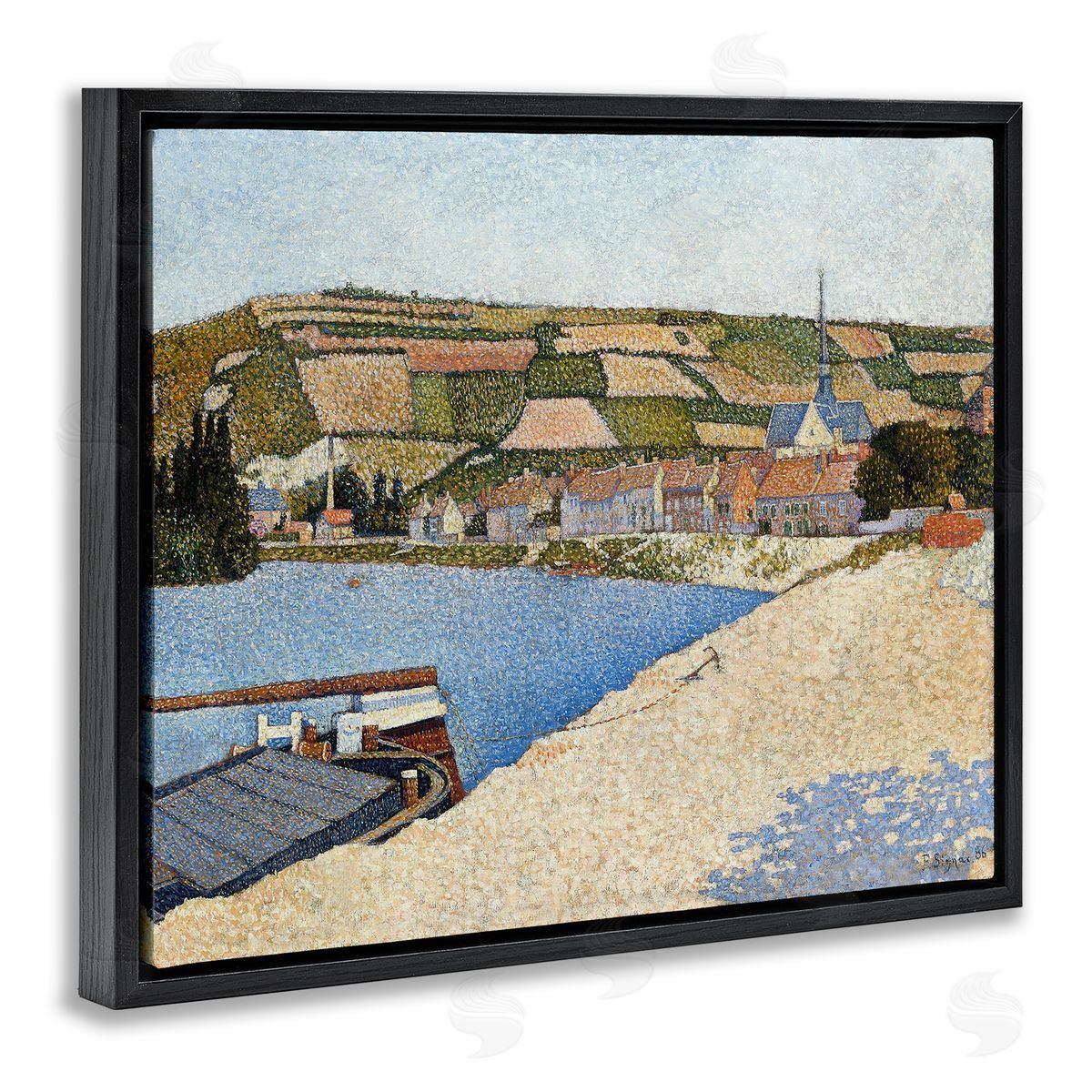Lettered and Lined Rural Waterside Town Boat Dock Distant Farmland  Black Floating Frame Canvas Wall Art Print