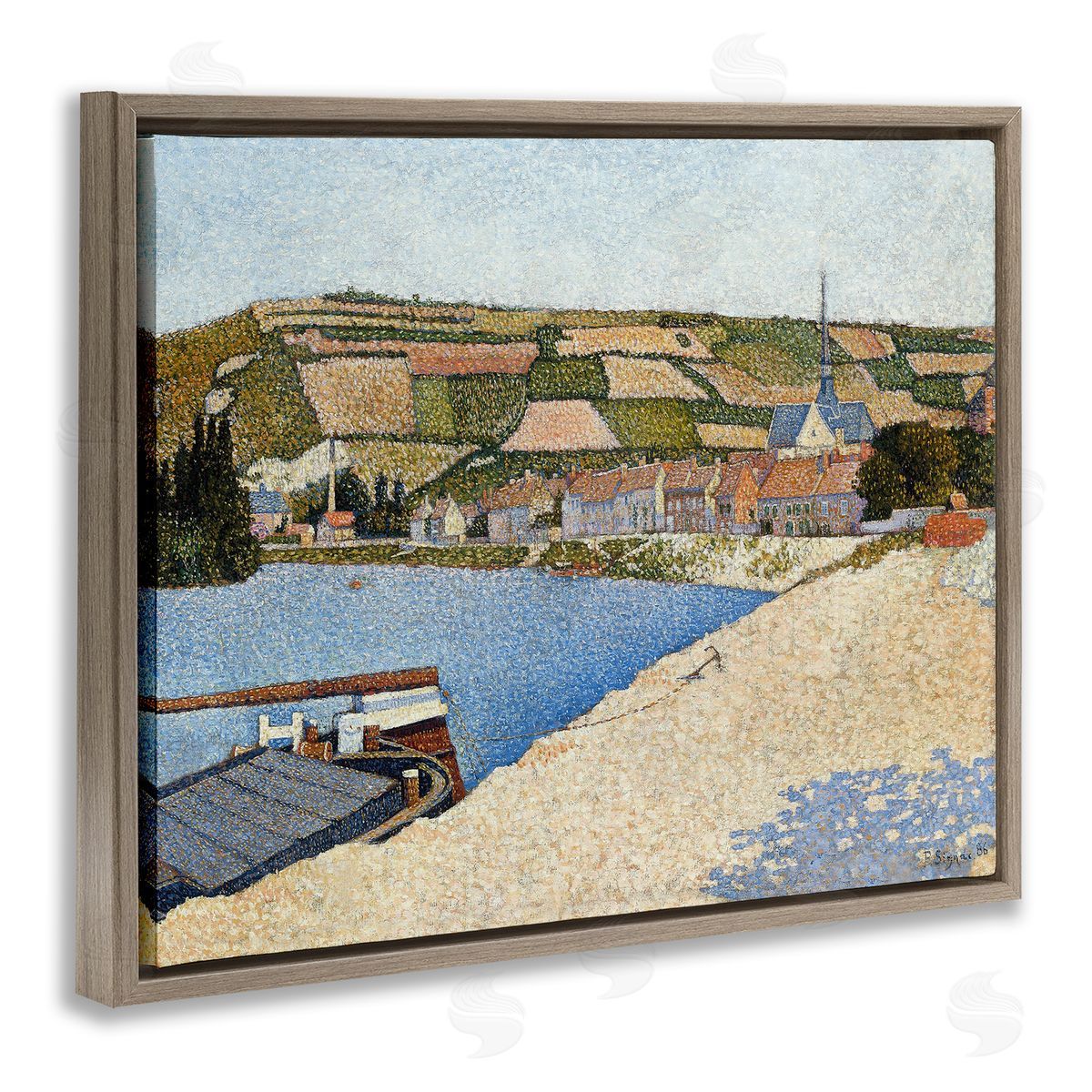 Lettered and Lined Rural Waterside Town Boat Dock Distant Farmland  Brown Floating Frame Canvas Wall Art Print