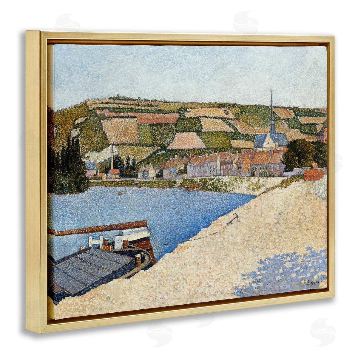 Lettered and Lined Rural Waterside Town Boat Dock Distant Farmland  Gold Floating Frame Canvas Wall Art Print