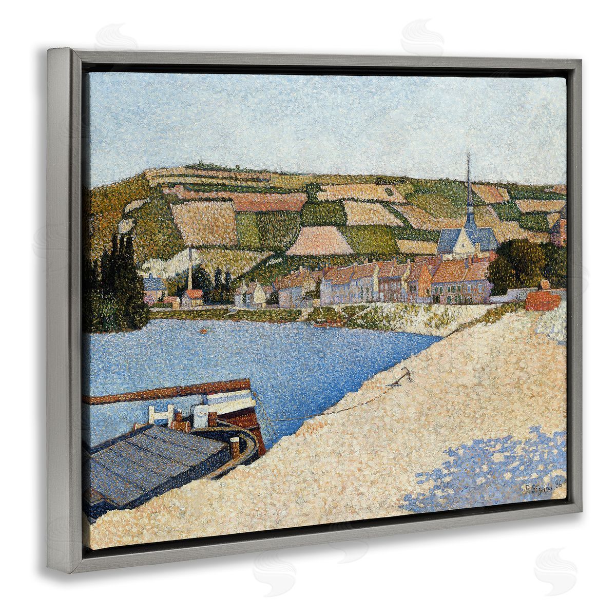 Lettered and Lined Rural Waterside Town Boat Dock Distant Farmland  Gray Floating Frame Canvas Wall Art Print