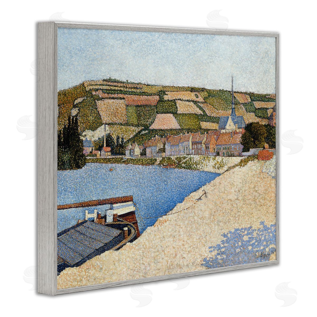 Lettered and Lined Rural Waterside Town Boat Dock Distant Farmland  Gray Framed Giclee Wall Art Print