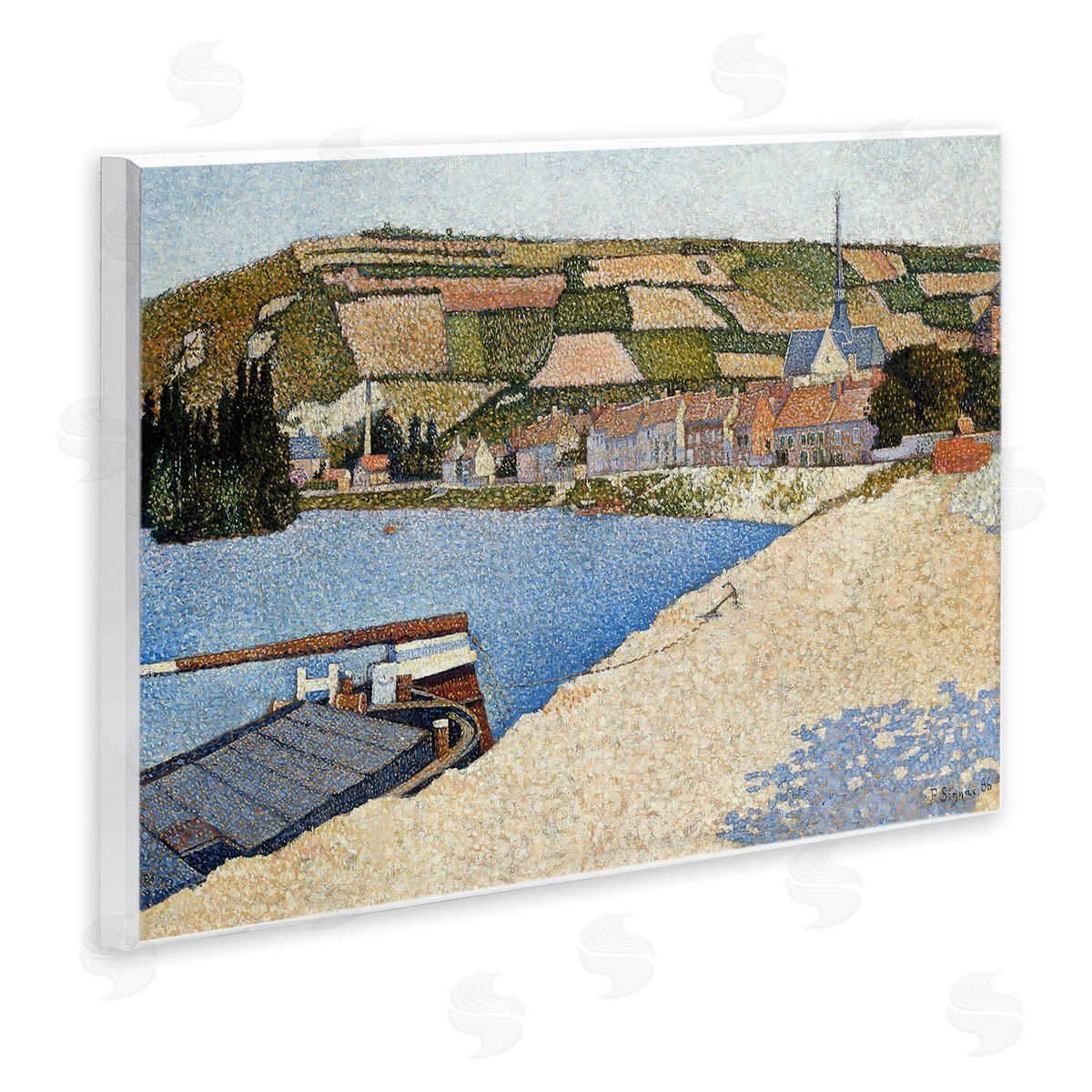 Lettered and Lined Rural Waterside Town Boat Dock Distant Farmland  Wall Plaque Art Print