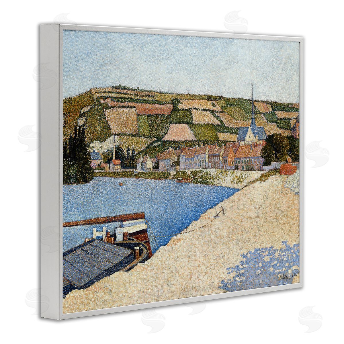 Lettered and Lined Rural Waterside Town Boat Dock Distant Farmland  White Framed Giclee Wall Art Print