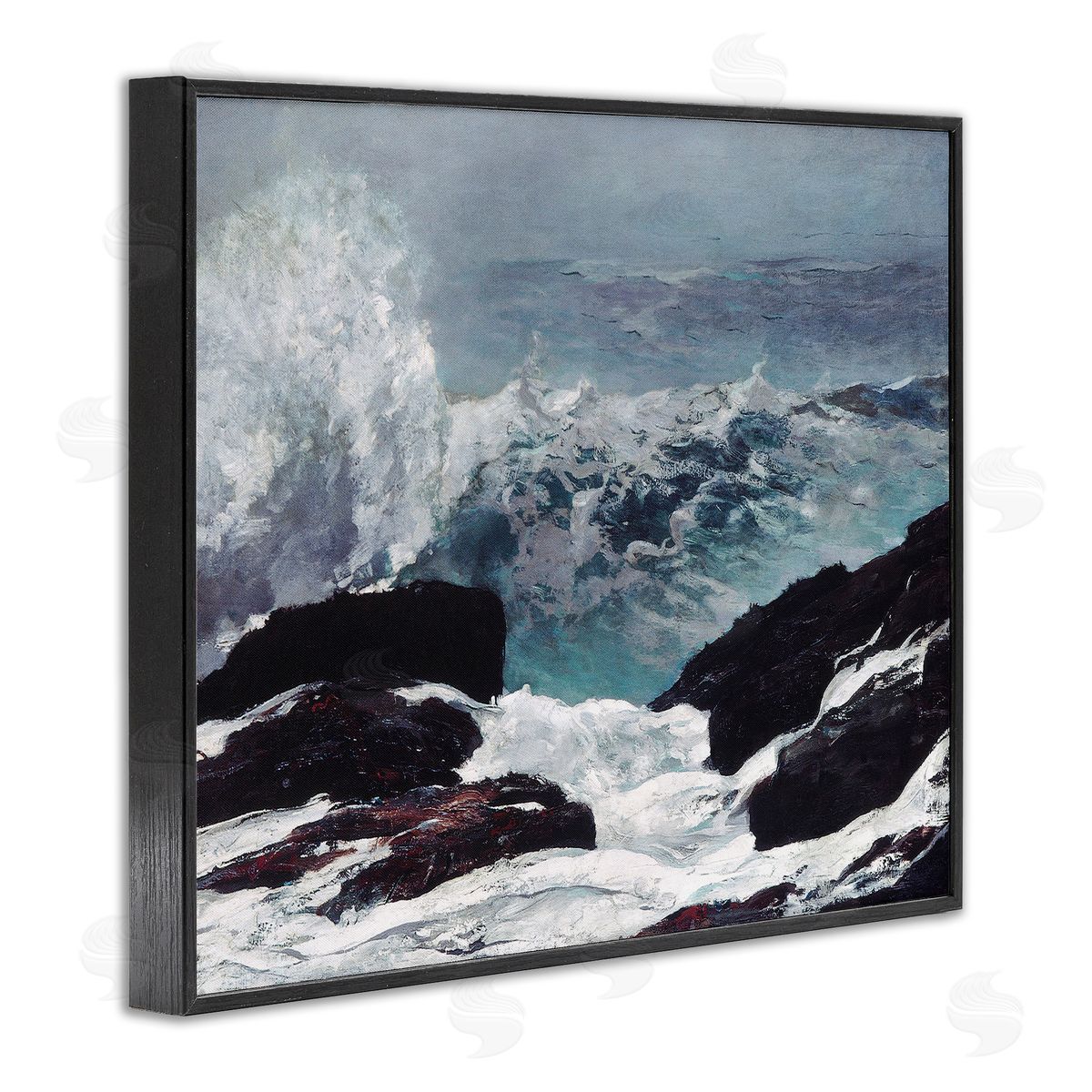 Lettered and Lined Crashing Waves Ocean Rocks Cliffs Rough Waters Black Framed Giclee Wall Art Print