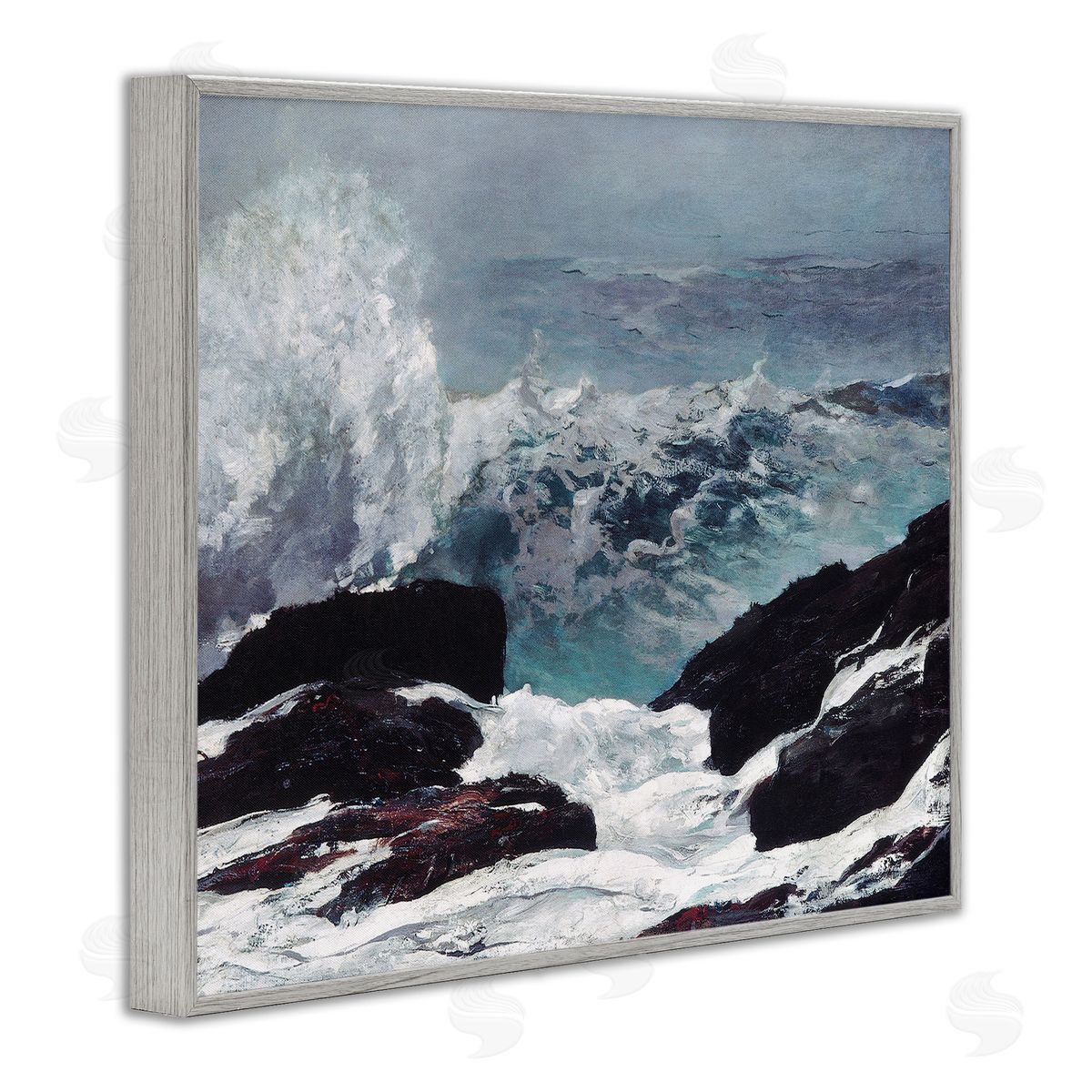 Lettered and Lined Crashing Waves Ocean Rocks Cliffs Rough Waters Gray Framed Giclee Wall Art Print