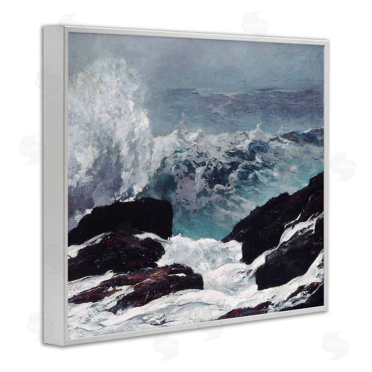 Lettered and Lined Crashing Waves Ocean Rocks Cliffs Rough Waters White Framed Giclee Wall Art Print