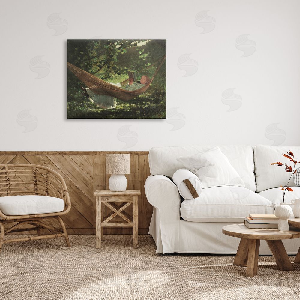 Lettered and Lined Girl Reading Book Hammock Classic Vintage Painting Canvas Wall Art Print in Room