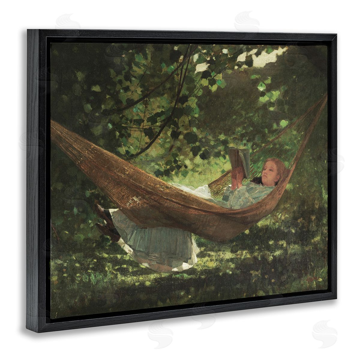 Lettered and Lined Girl Reading Book Hammock Classic Vintage Painting Black Floating Frame Canvas Wall Art Print