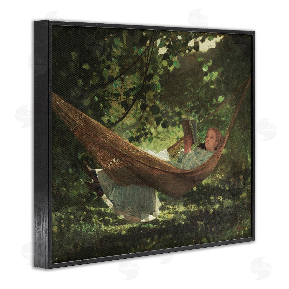 Lettered and Lined Girl Reading Book Hammock Classic Vintage Painting Black Framed Giclee Wall Art Print