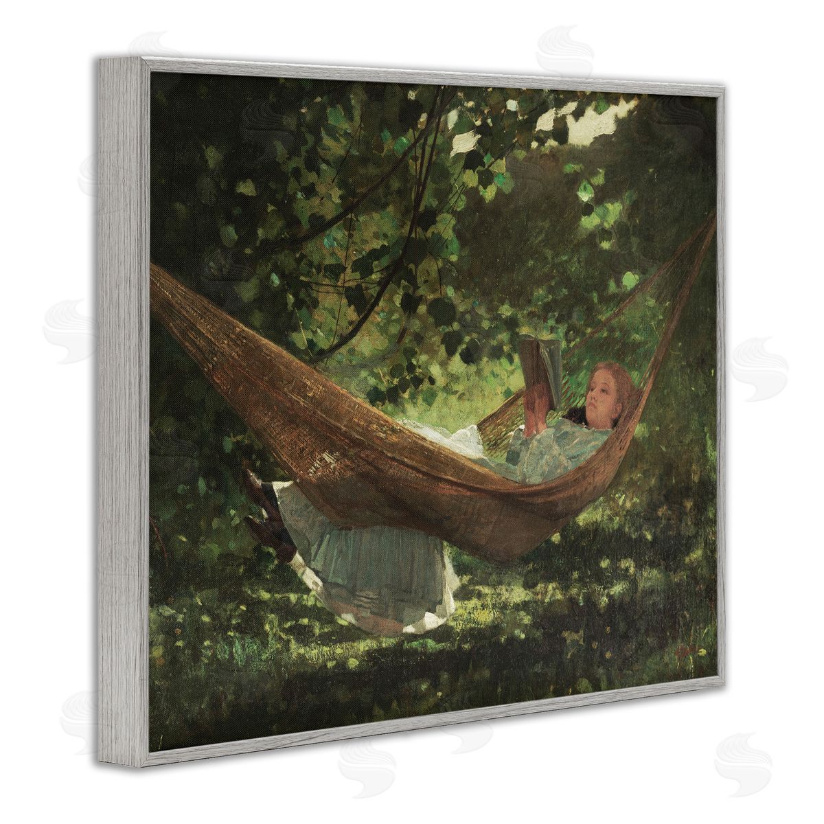 Lettered and Lined Girl Reading Book Hammock Classic Vintage Painting Gray Framed Giclee Wall Art Print