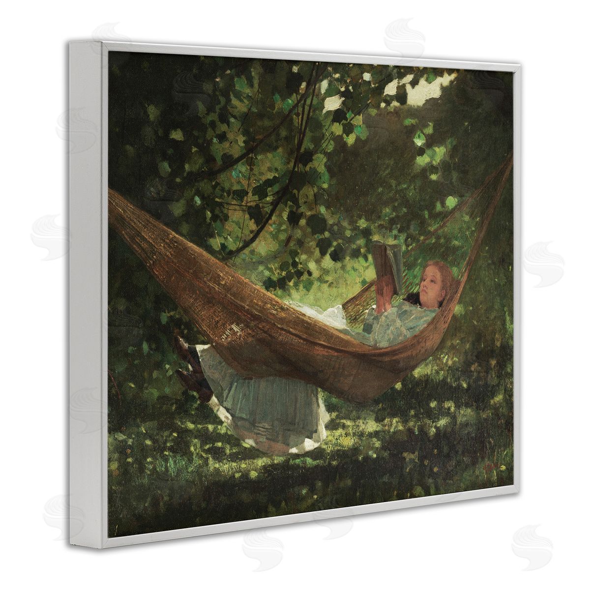 Lettered and Lined Girl Reading Book Hammock Classic Vintage Painting White Framed Giclee Wall Art Print