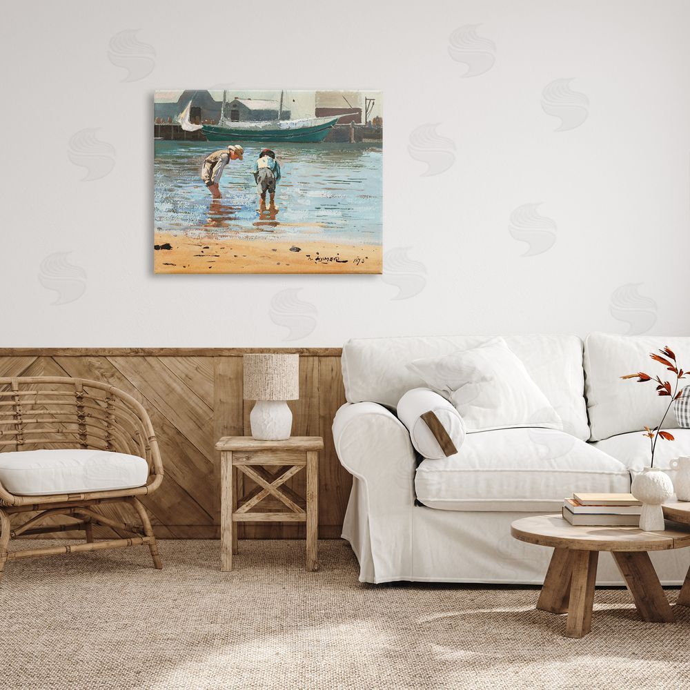 Lettered and Lined People Shoreline Beach Marina Searching Sea Life  Canvas Wall Art Print in Room