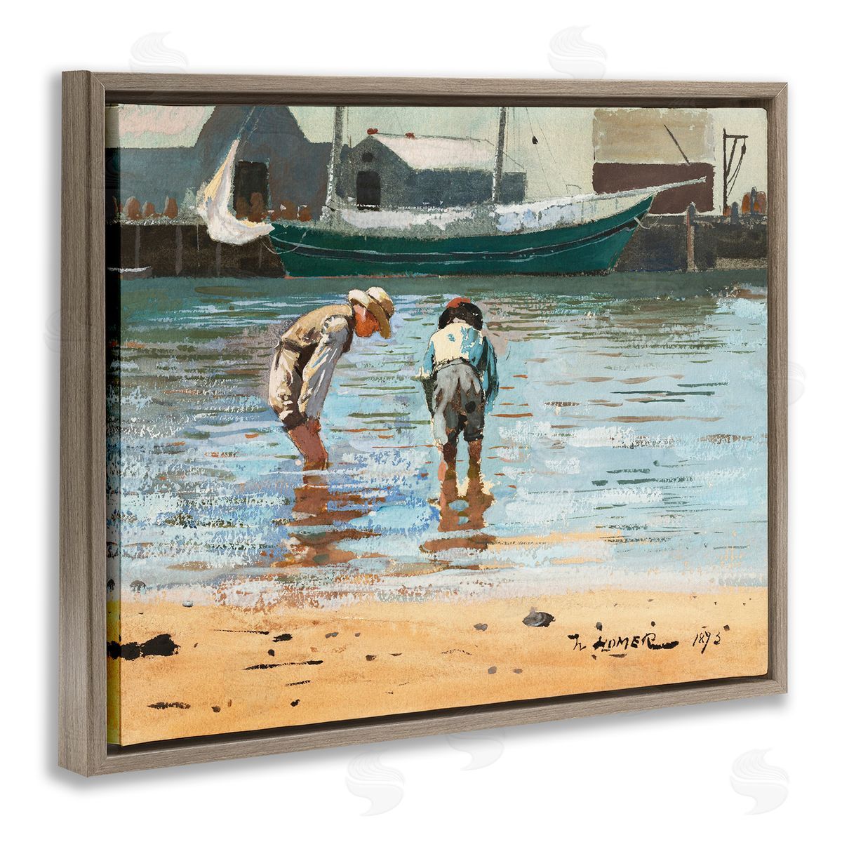 Lettered and Lined People Shoreline Beach Marina Searching Sea Life  Brown Floating Frame Canvas Wall Art Print