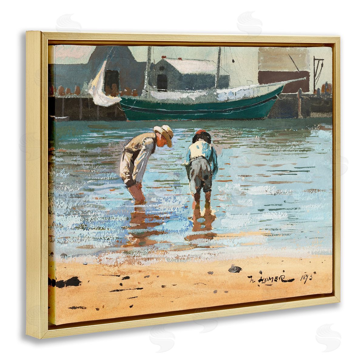 Lettered and Lined People Shoreline Beach Marina Searching Sea Life  Gold Floating Frame Canvas Wall Art Print