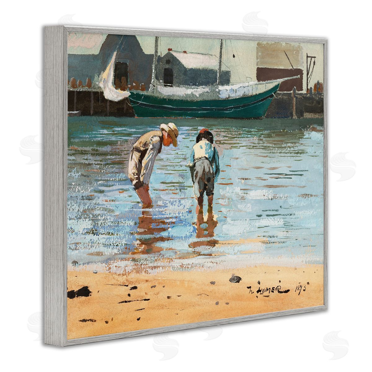 Lettered and Lined People Shoreline Beach Marina Searching Sea Life  Gray Framed Giclee Wall Art Print