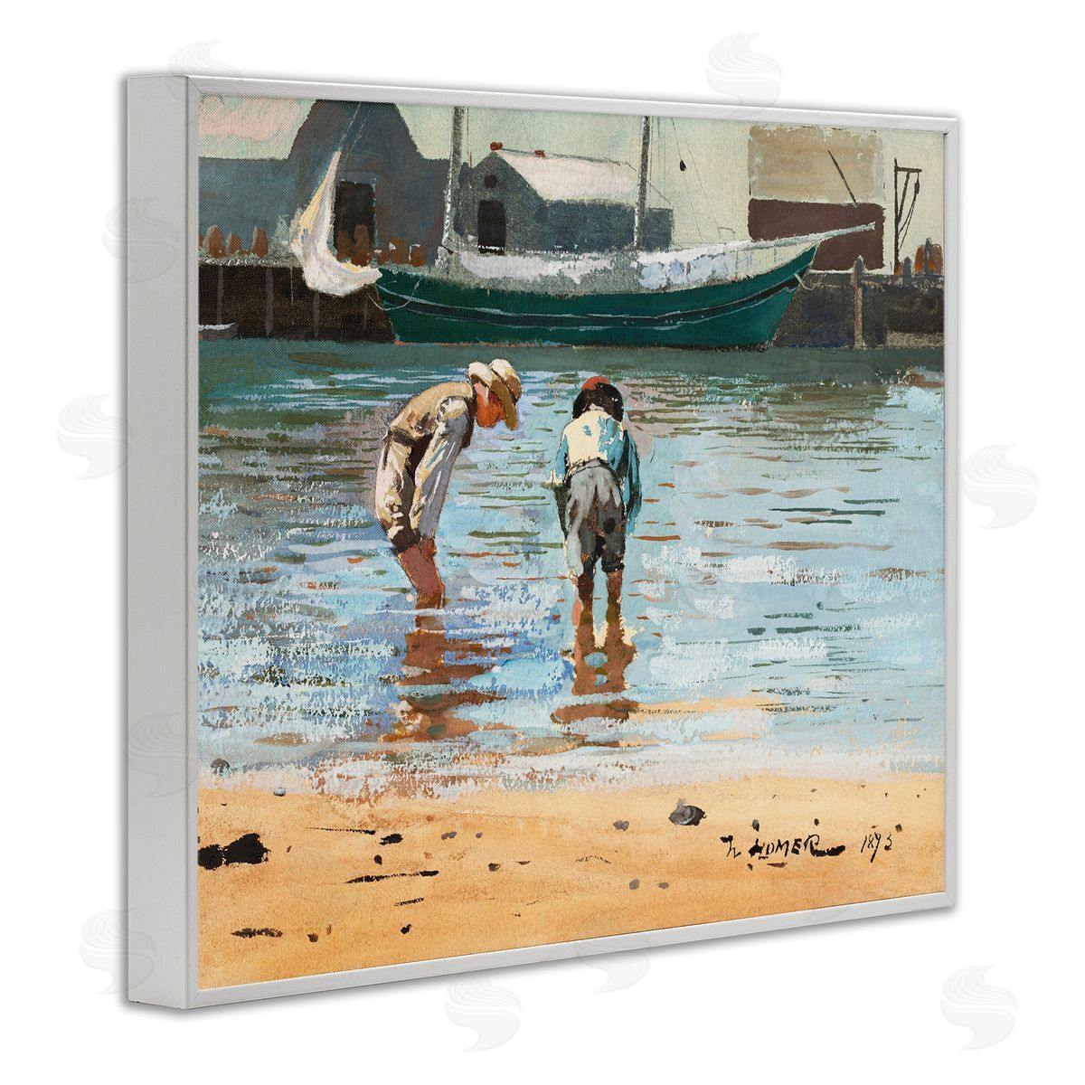Lettered and Lined People Shoreline Beach Marina Searching Sea Life  White Framed Giclee Wall Art Print