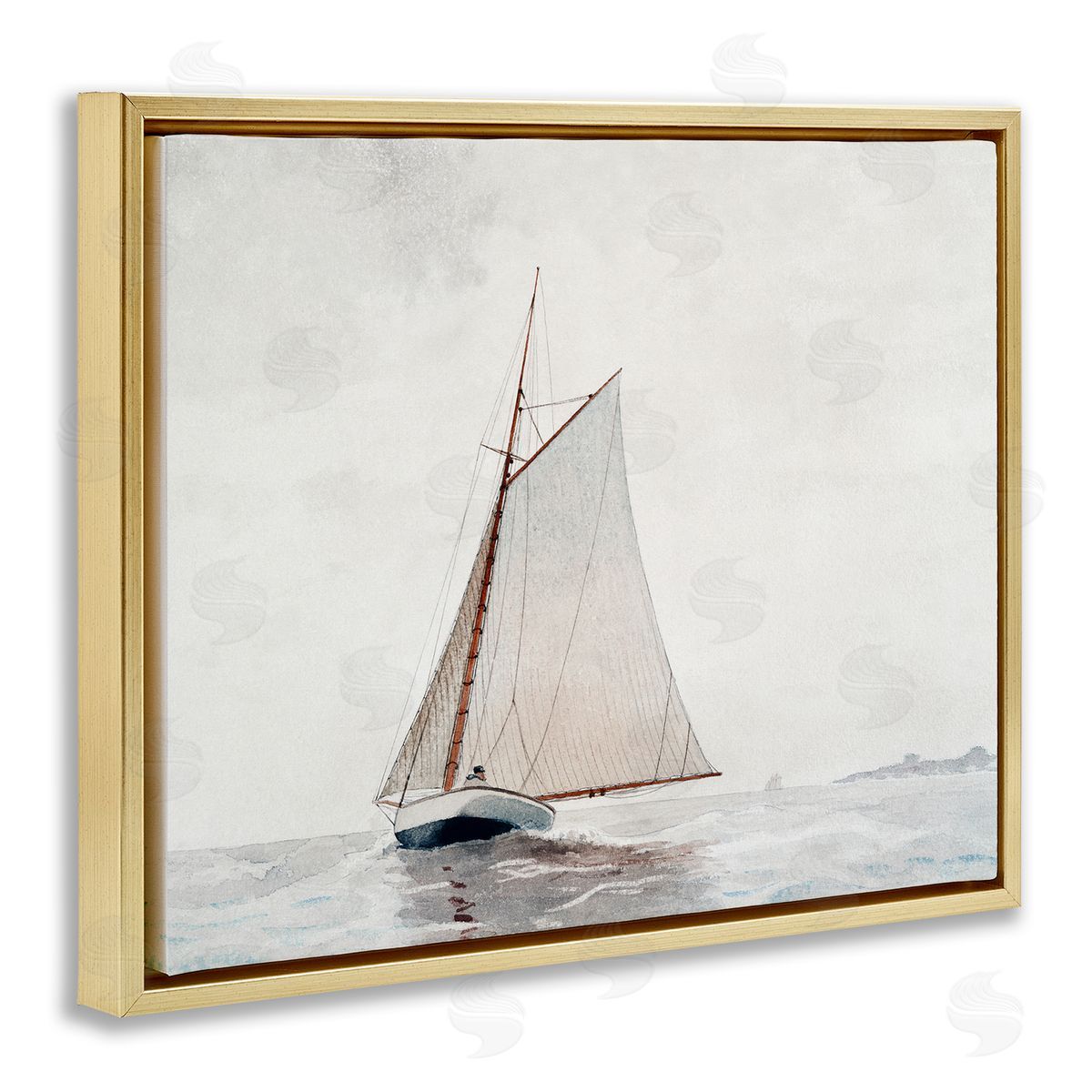 Lettered and Lined Sailboat Foggy Weather Clouds Ocean Waves Crashing Gold Floating Frame Canvas Wall Art Print