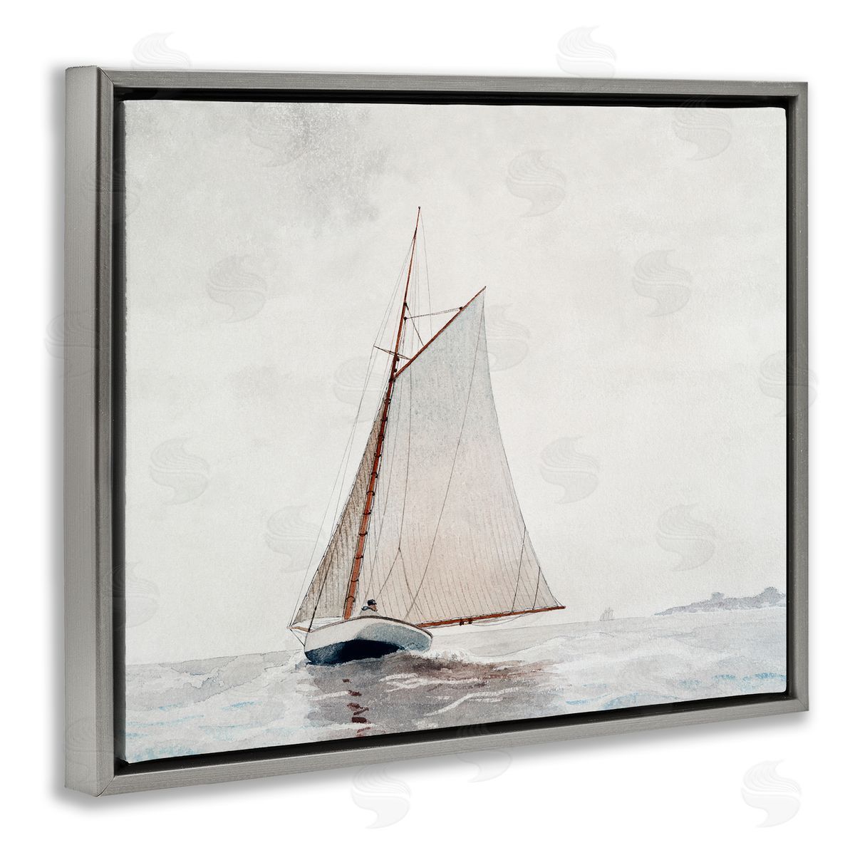 Lettered and Lined Sailboat Foggy Weather Clouds Ocean Waves Crashing Gray Floating Frame Canvas Wall Art Print