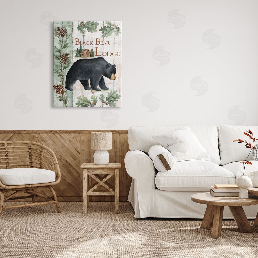 Emma Leach Black Bear Lodge Rustic Cabin Botanicals Sign Canvas Wall Art Print in Room