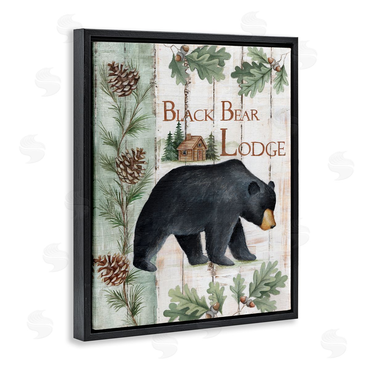 Emma Leach Black Bear Lodge Rustic Cabin Botanicals Sign Black Floating Frame Canvas Wall Art Print