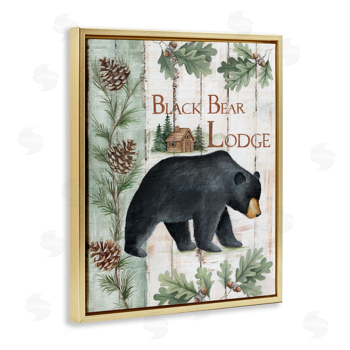 Emma Leach Black Bear Lodge Rustic Cabin Botanicals Sign Gold Floating Frame Canvas Wall Art Print