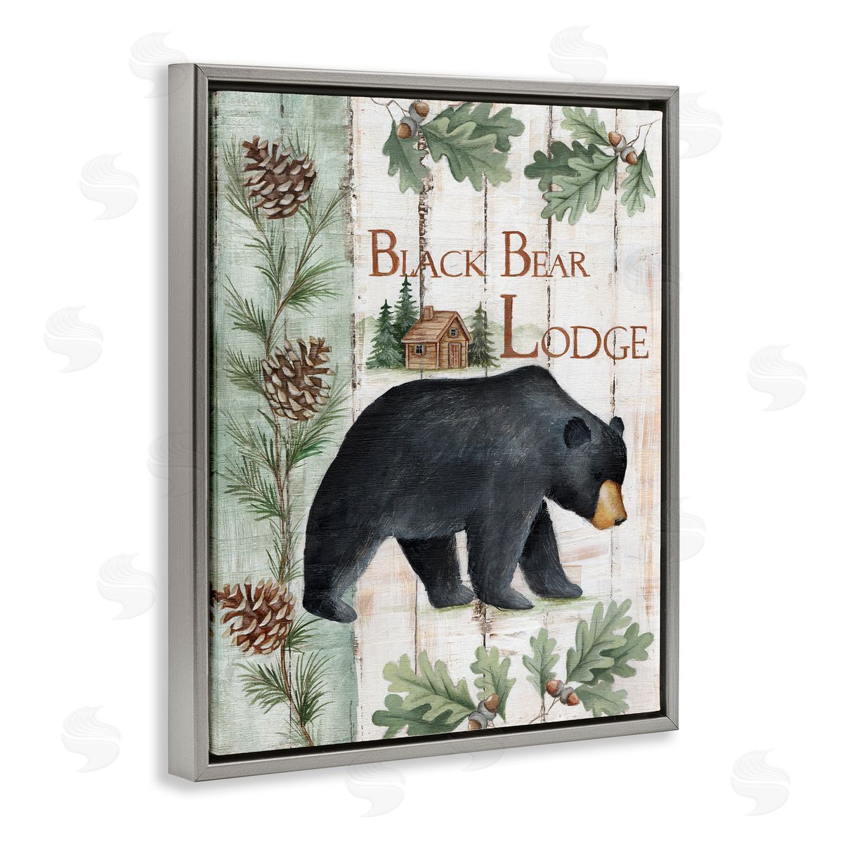 Emma Leach Black Bear Lodge Rustic Cabin Botanicals Sign Gray Floating Frame Canvas Wall Art Print