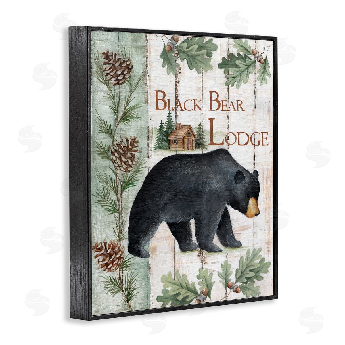 Emma Leach Black Bear Lodge Rustic Cabin Botanicals Sign Black Framed Giclee Wall Art Print