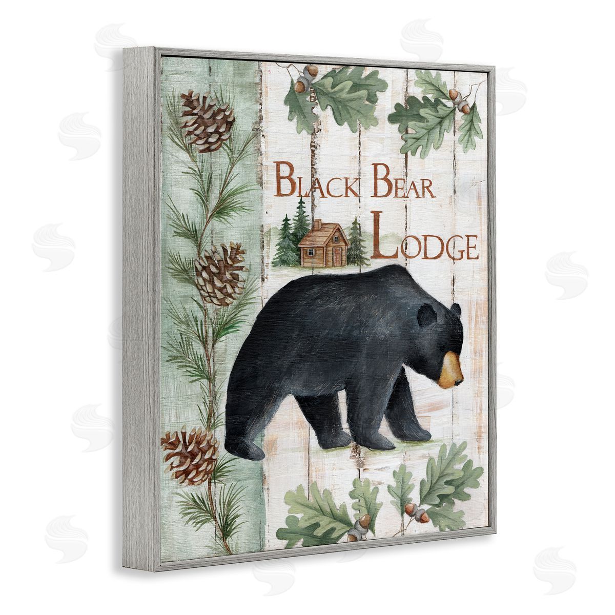 Emma Leach Black Bear Lodge Rustic Cabin Botanicals Sign Gray Framed Giclee Wall Art Print