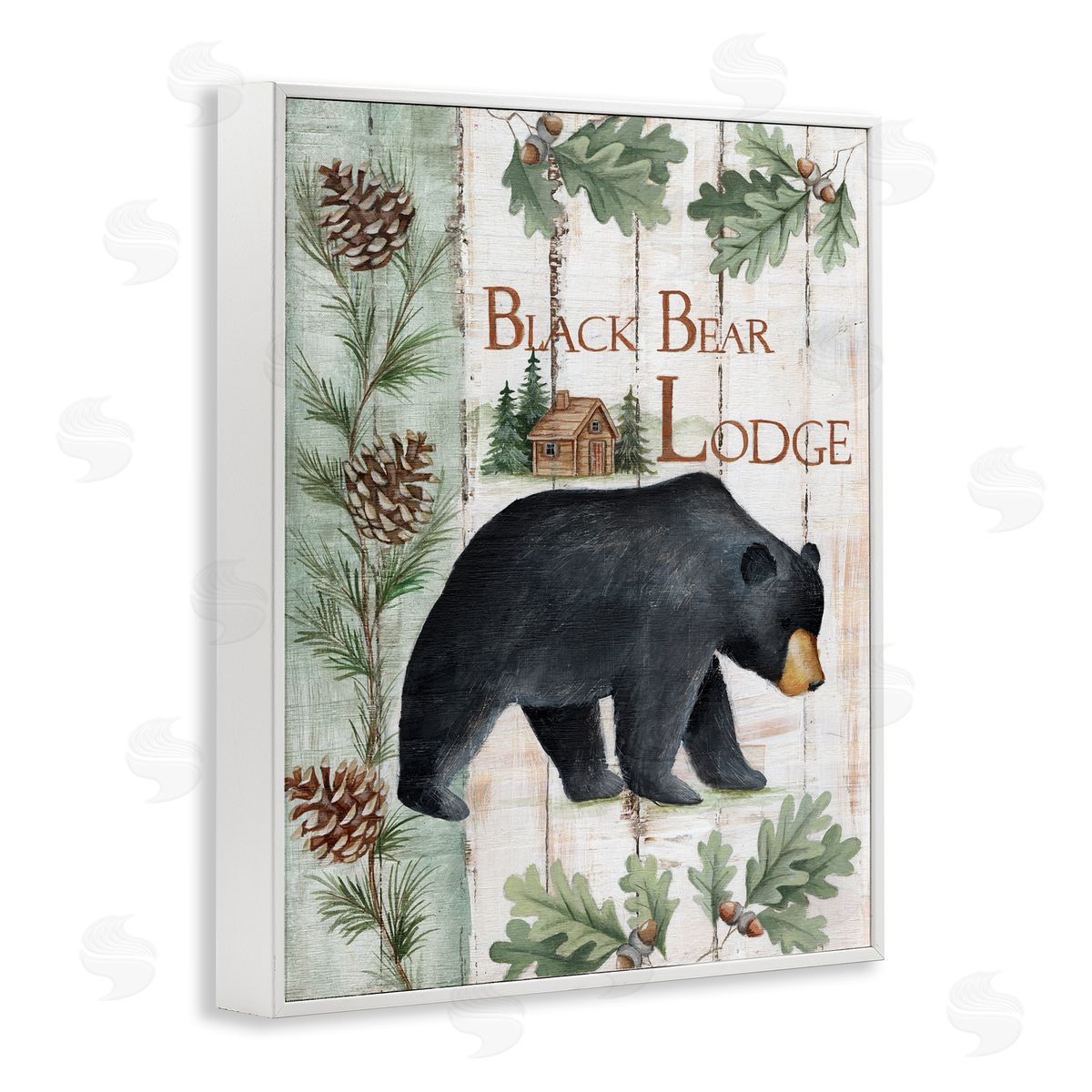 Emma Leach Black Bear Lodge Rustic Cabin Botanicals Sign White Framed Giclee Wall Art Print