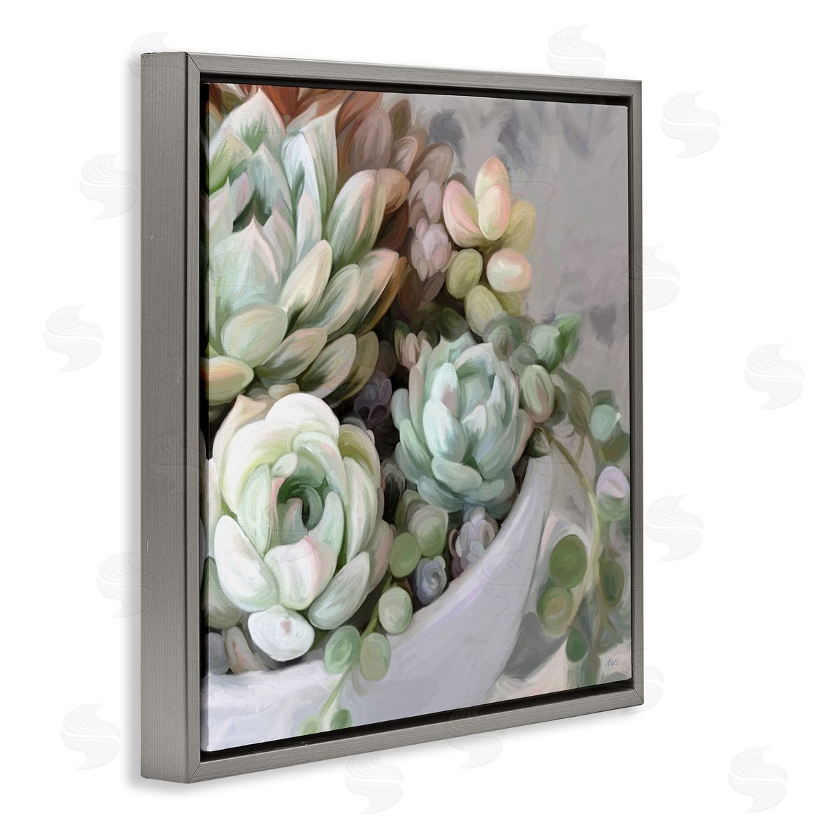 Amy Hall Botanical Succulent Arrangement Potted Floral Blossoms Gray Floating Frame Canvas Wall Art Print
