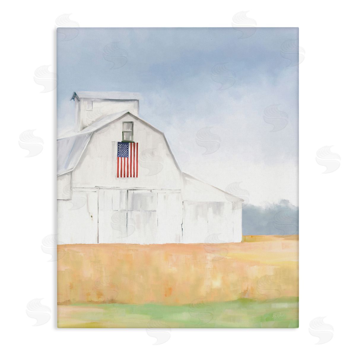 Amy Hall American Flag White Country Barn Rural Scenery Stretched Canvas Wall Art Print