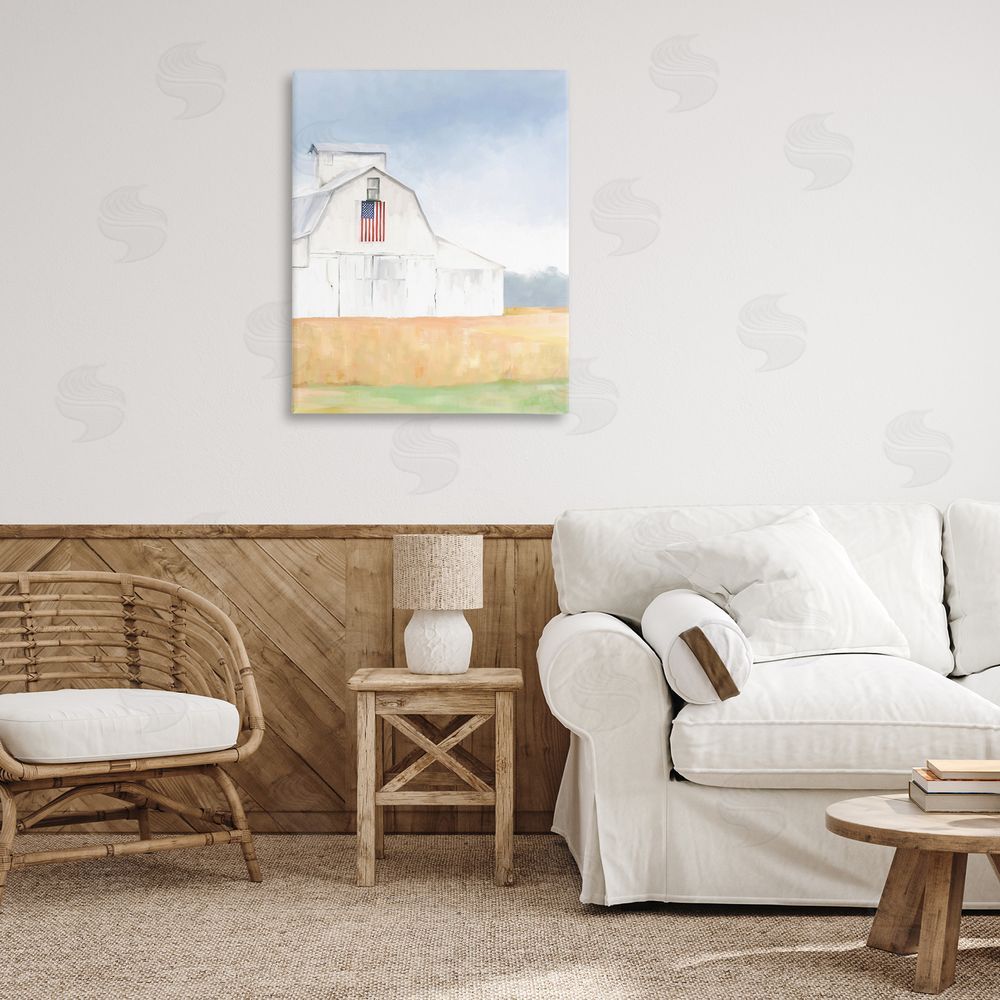 Amy Hall American Flag White Country Barn Rural Scenery Canvas Wall Art Print in Room