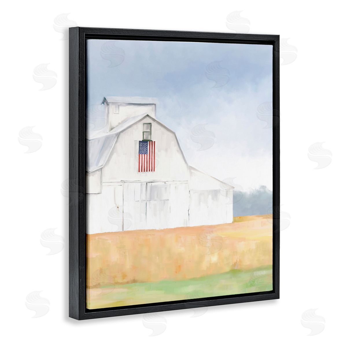 Amy Hall American Flag White Country Barn Rural Scenery Black Floating Frame Canvas Wall Art Print