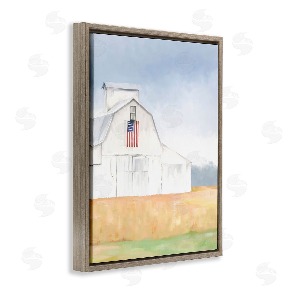 Amy Hall American Flag White Country Barn Rural Scenery Brown Floating Frame Canvas Wall Art Print