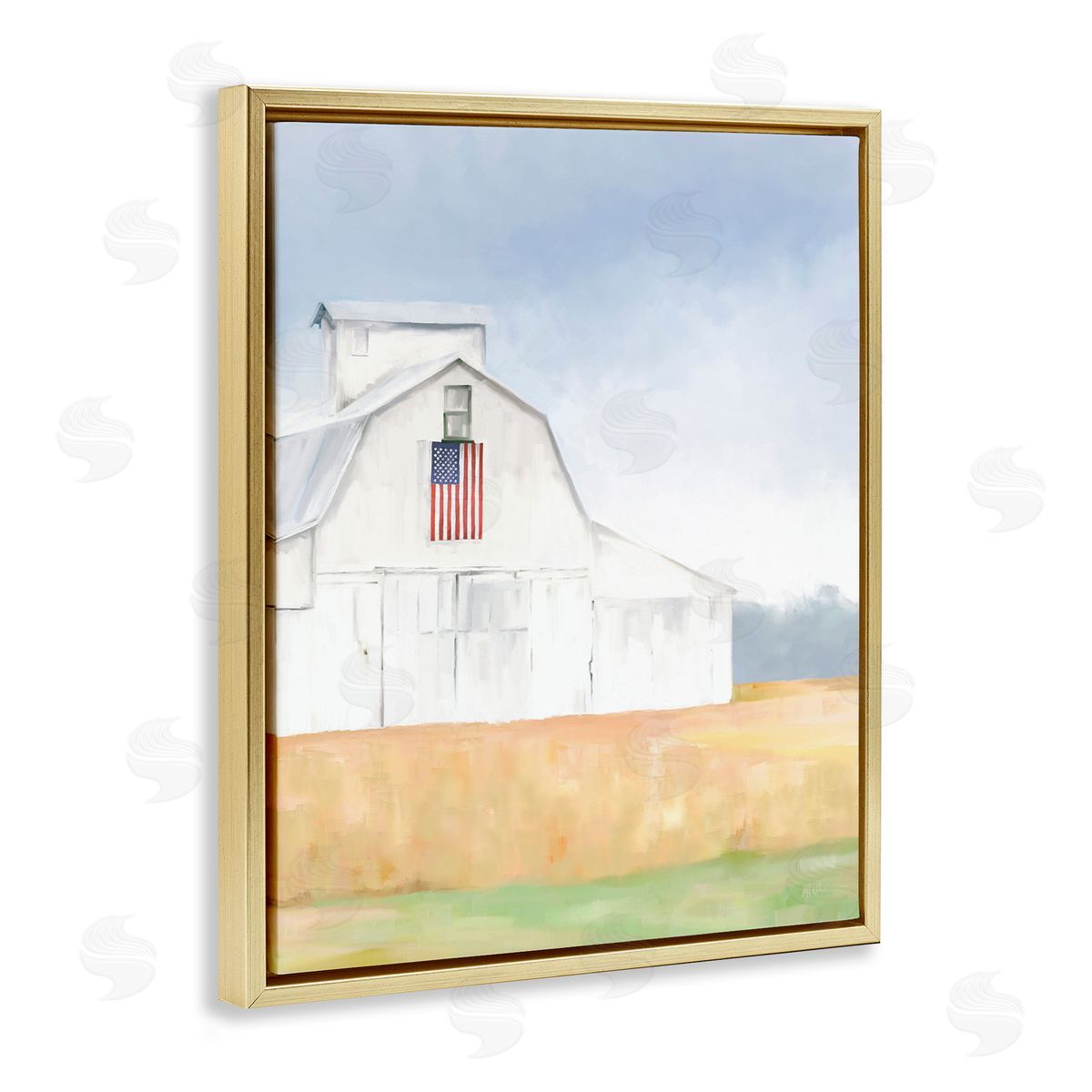 Amy Hall American Flag White Country Barn Rural Scenery Gold Floating Frame Canvas Wall Art Print