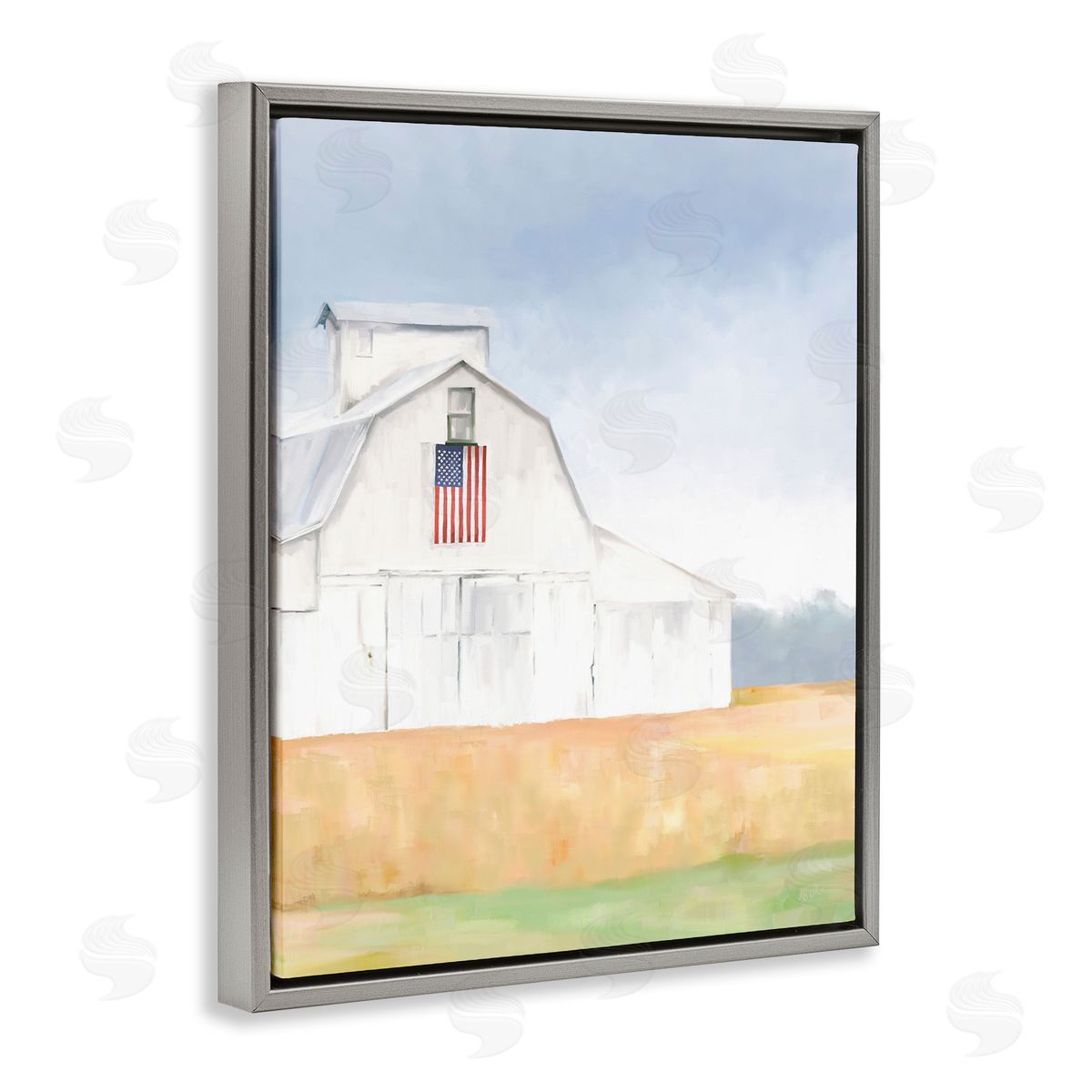 Amy Hall American Flag White Country Barn Rural Scenery Gray Floating Frame Canvas Wall Art Print