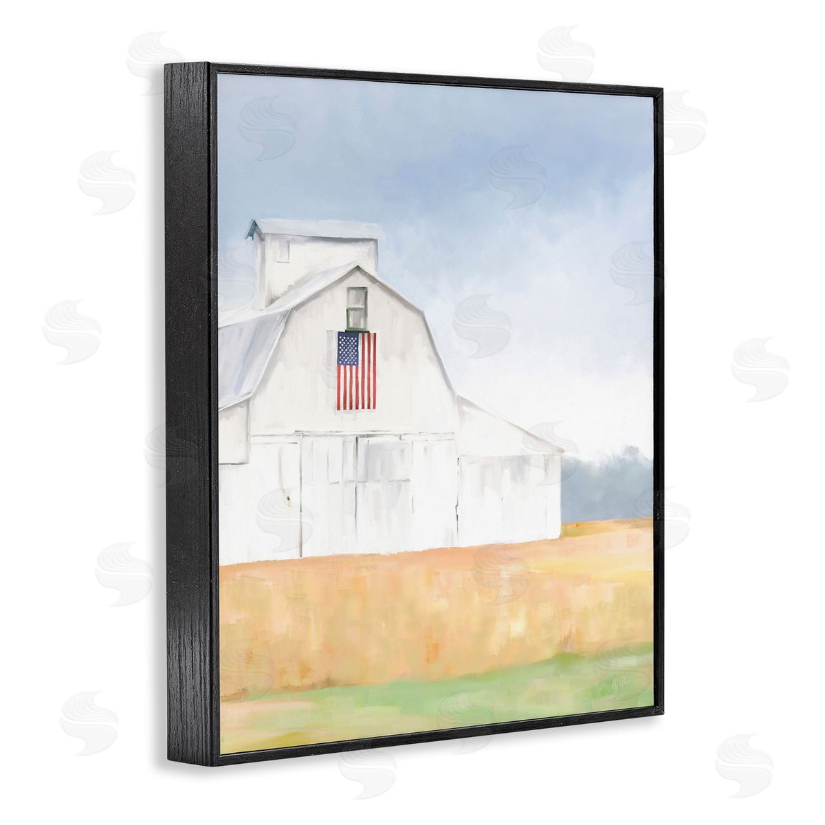Amy Hall American Flag White Country Barn Rural Scenery Black Framed Giclee Wall Art Print