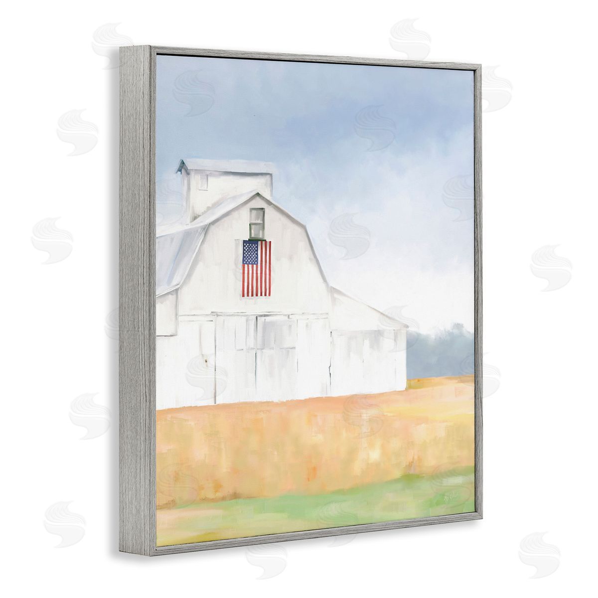 Amy Hall American Flag White Country Barn Rural Scenery Gray Framed Giclee Wall Art Print