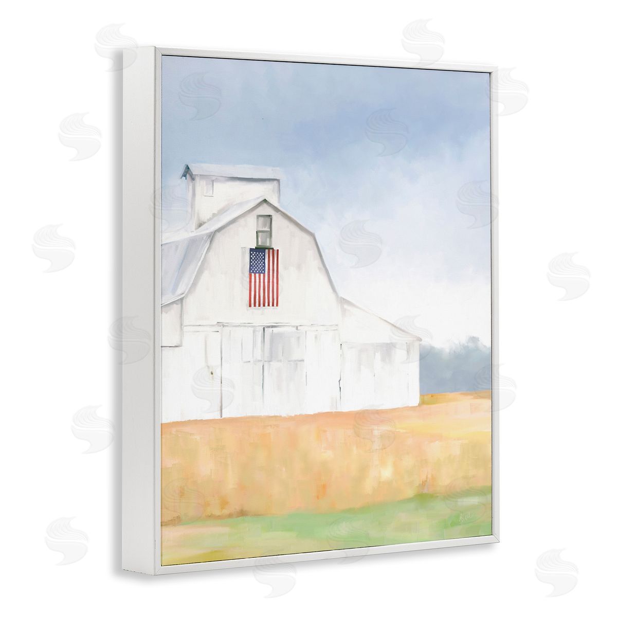Amy Hall American Flag White Country Barn Rural Scenery White Framed Giclee Wall Art Print