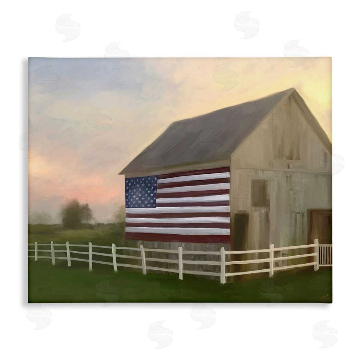Amy Hall American Flag Rural Barn Sunset Farm Landscape Stretched Canvas Wall Art Print