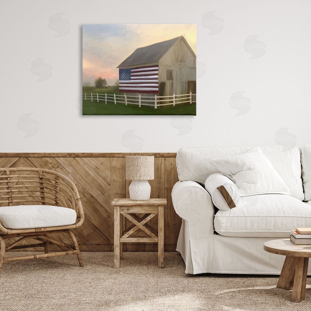 Amy Hall American Flag Rural Barn Sunset Farm Landscape Canvas Wall Art Print in Room