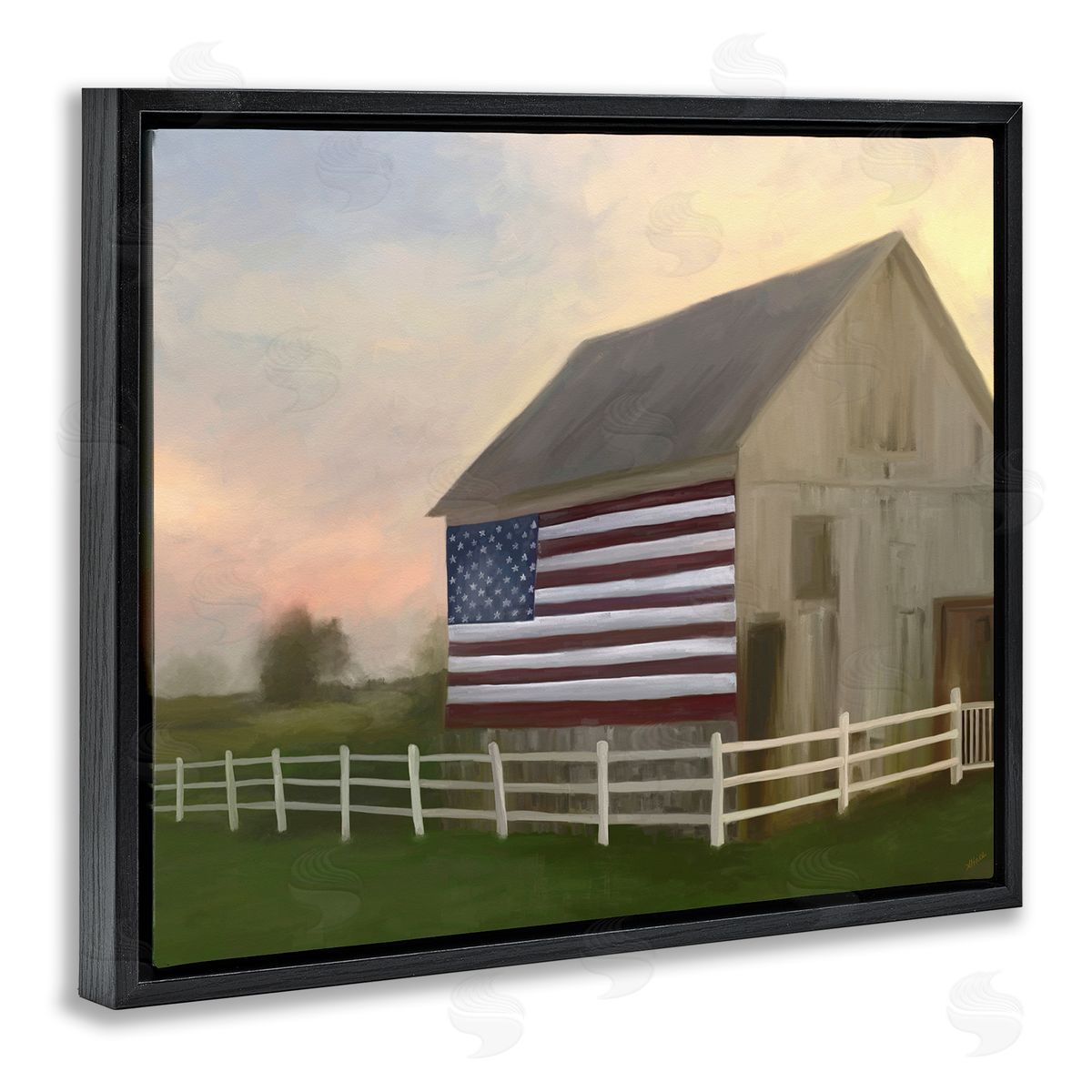 Amy Hall American Flag Rural Barn Sunset Farm Landscape Black Floating Frame Canvas Wall Art Print